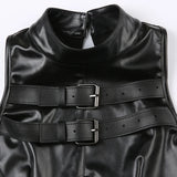 Gothic Dark Leather PU Patchwork Punk Style Button Up Bodycon Crop Top