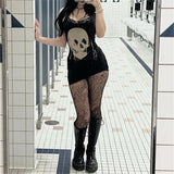 Goth Dark Anime Skull Print Mini Dress with Lace and Spaghetti Straps