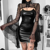 Gothic Faux Leather Lace Dress with Flare Sleeves