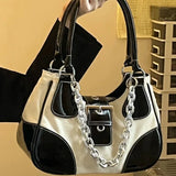 Canvas Splicing Shoulder Bags in Patent Leather and Chain