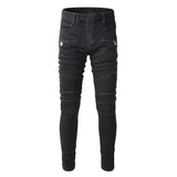 Ripped Patchwork Biker Jeans with Zipper Detailing - Slim Fit Moto Style