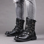 Rev up Your Style with Leather Motorcycle Mid-calf Military Combat Gothic Belt Punk Boots