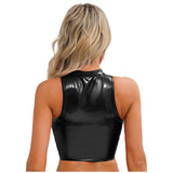 Glossy Patent Leather Crop Top – Sleeveless Hollow Out Eyelet Lace-Up