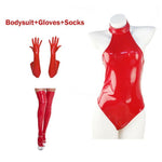 Glossy PU Leather Bodysuit with Socks And Gloves - Alt Style Clothing