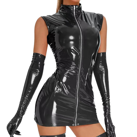 Sleeveless PVC Shiny PU Leather Zipper Open Front Hot Dress