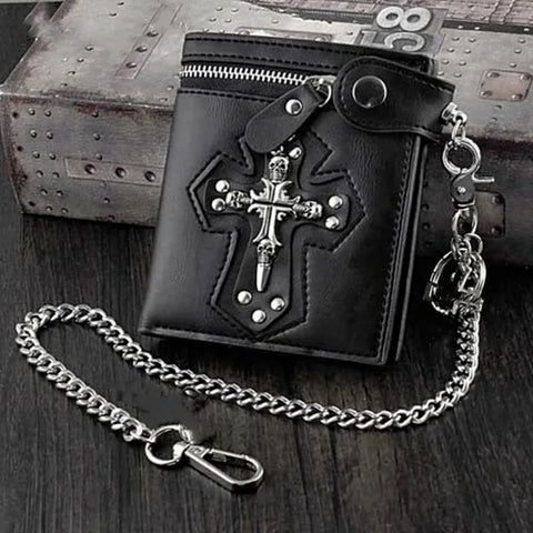 Cool PU Leather Punk Gothic Skull Cross Clutch Wallet with Chain