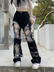 High-Waisted Black Lace-Up Ripped Wide Leg Jeans – Edgy Streetwear Style