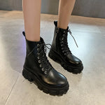 Platform Leather Ankle Motorcycle Boots with Pearl Chain – Stylish Designer Ladies' Shoes