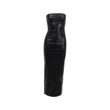 Strapless PU Leather Tight Fitting Maxi Dress with Zipper Detail