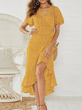 HiloRill Floral Print Boho Long Dress With Ruffles Wrap Casual V-Neck Split Maxi Dress