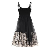 French Vintage Gothic Black Spaghetti Strap Dress with Lace