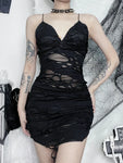 Gothic Black Bodycon Mini Dress with Distressed Grunge Detailing