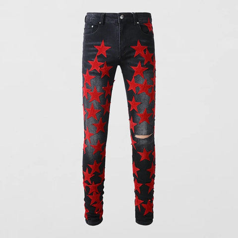 High-Quality Slim Fit Stretch Jeans with Distressed Leather Star Patchwork