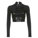 Gothic Dark Leather PU Patchwork Punk Style Button Up Bodycon Crop Top