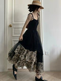 French Vintage Gothic Black Spaghetti Strap Dress with Lace