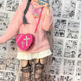 Xiuya Harajuku Y2K Heart Bag For Women Gothic Punk Rivet Cross Hot Girls Messenger Bag Female Japanese Cute Lolita Clutch Purse - Alt Style Clothing
