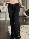 Rapcopter Metal Zipper Flare Jeans Goth Low Waisted Cargo Pants