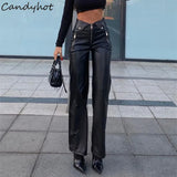 High-Rise Straight-Leg PU Leather Pants – Chic Zip-Up Design for Clubbing & Casual Wear