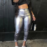 High-Waisted Silver Bright Pencil Pants - Stretchy and Perfect for Party or Club Wear