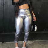 High-Waisted Silver Bright Pencil Pants - Stretchy and Perfect for Party or Club Wear