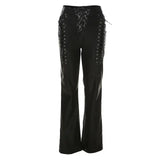 High-Waisted Faux Leather Skinny Pants with Lace-Up and Hollow-Out Detailing