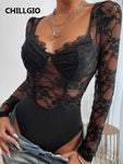 Lace Rompers Sexy Long Sleeves Sheer Bodysuit - Alt Style Clothing