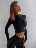 Skinny Long Sleeve Crop Top PU Patchwork Shirt - Alt Style Clothing