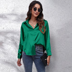 Satin Imitation Silk Button-Up Blouse – Loose Fit Long Sleeve