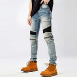 Ripped Patchwork Biker Jeans with Zipper Detailing - Slim Fit Moto Style