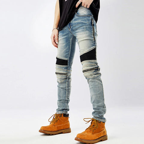 Ripped Patchwork Biker Jeans with Zipper Detailing - Slim Fit Moto Style