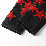 High-Quality Slim Fit Stretch Jeans with Distressed Leather Star Patchwork