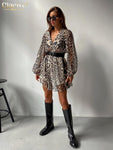 Leopard Print Sexy Deep V-Neck Long Flare Sleeve Ruffle Dress - Alt Style Clothing