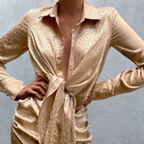 Vintage Elegant Long Sleeves V Neck Lace-up Shirt Dress