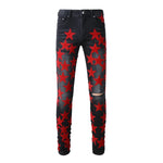 High-Quality Slim Fit Stretch Jeans with Distressed Leather Star Patchwork