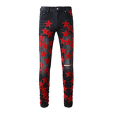 High-Quality Slim Fit Stretch Jeans with Distressed Leather Star Patchwork