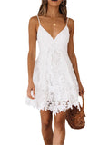 Lace Slip Spaghetti Strap Mini Dress with V-Neck – Elegant Bohemian Summer Style