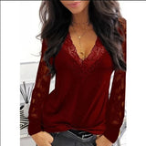 Casual See-Through Lace Trim V-Neck Long Sleeve Top