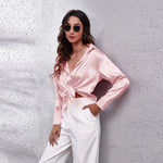 Satin Imitation Silk Button-Up Blouse – Loose Fit Long Sleeve