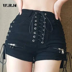 Rosetic Gothic High-Waist Denim Shorts with Bandage & Lace-Up Detail