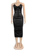Spaghetti Strap Knee-Length PU Leather Dress, Elegant Sexy Night Club Dress - Alt Style Clothing