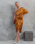 Satin One-Shoulder High Split Ruched Dress