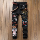 Punk Skinny Denim Jeans with Printed Design - Mid Waist, Light Wash