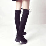 Lace Up Over Knee Flat Square Heel Rubber Flock Boots - Alt Style Clothing