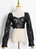 Faux Leather Crop Top Square Neck Long Sleeve Zipper - Alt Style Clothing
