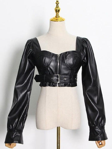 Faux Leather Crop Top  Square Neck Long Sleeve Zipper