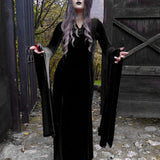 Long Dress Black High Waist Flared Sleeve Lace Cutout Gothic Maxi Dress
