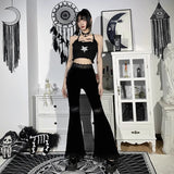 InsGoth High-Waist Gothic Flare Pants with Lace Patchwork