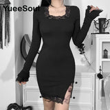 Gothic Vintage Black Dress with Batwing Sleeves and Bow Detail