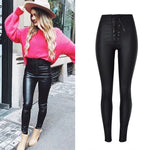 Metal Eyelet Straps High-Waisted PU Coated Leather Pants - Slim Fit with Stretch and Elastic Waist