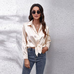 Satin Imitation Silk Button-Up Blouse – Loose Fit Long Sleeve